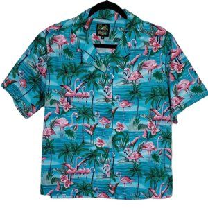 Benny's Quirky Vintage Pink Flamingo Woman's Hawaiian Shirt Size Large